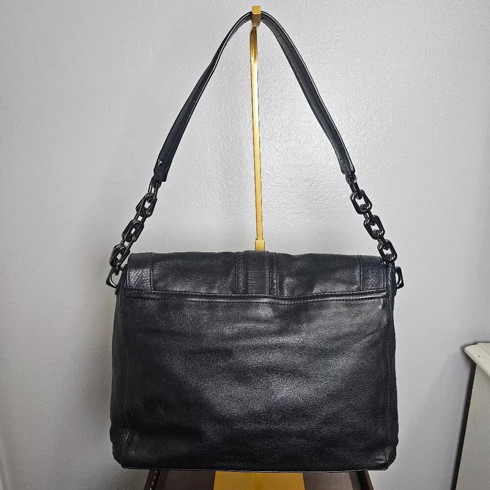 Cole Haan Black Leather & Snakeskin Embossed Flap Shoulder Bag Gunmetal Hardware - Picture 3 of 6